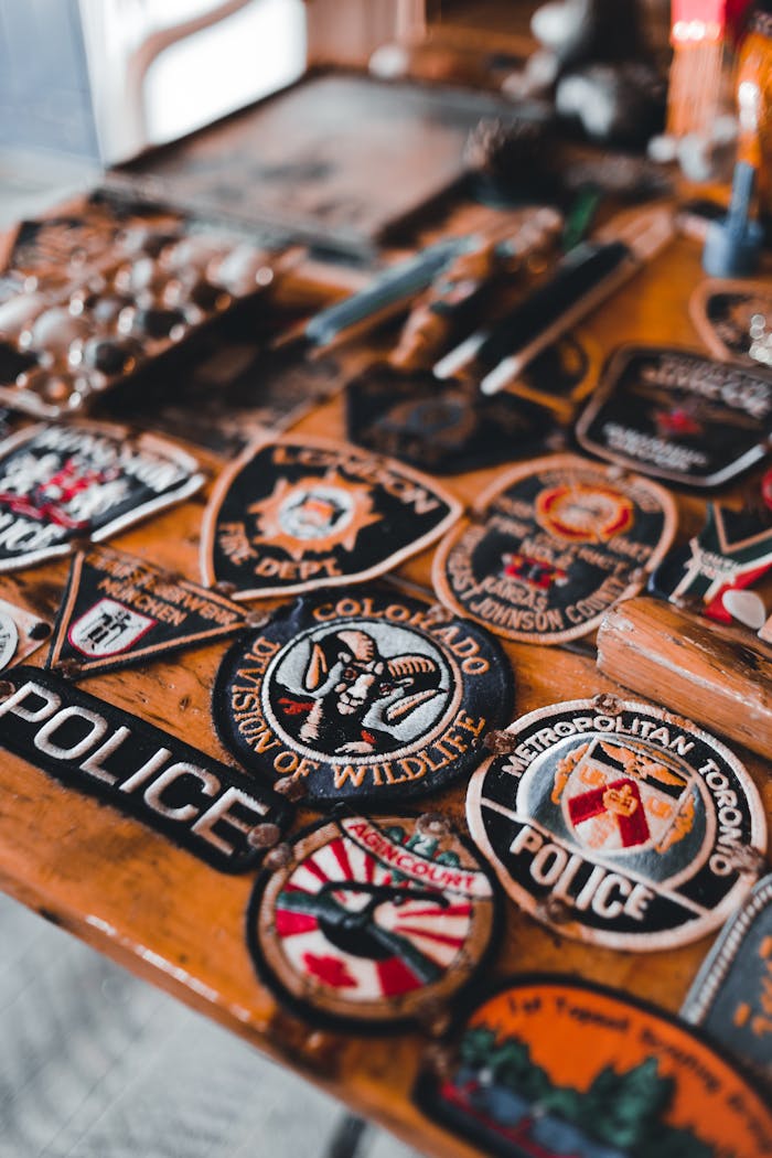 Collection of diverse police and security badges displayed on a wooden table surface.